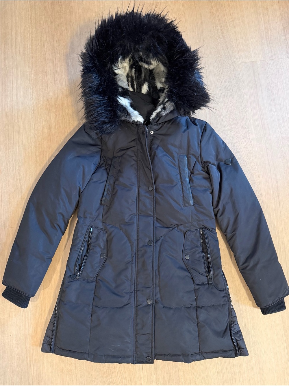 1 Madison Black Hooded Puffer Coat with Faux-Fur Trim